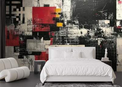 Generative AI, vintage grunge black and white collage background. Different textures and shapes	
 Wall mural