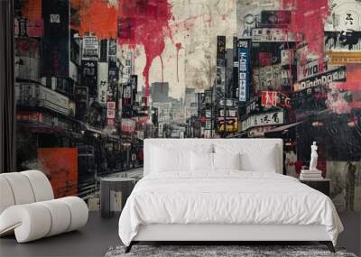 Generative AI, vintage grunge black and white collage poster with asian cityscape. Different textures and shapes	 Wall mural