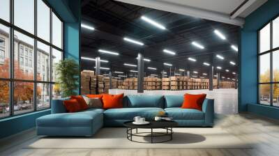 Generative AI, Warehouse interior with LED lighting, industry building, distribution retail center, part of storage and shipping system.. Wall mural