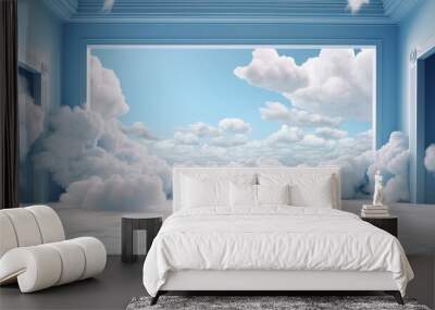 Generative AI, White blue fantastic 3d clouds in the room interior, sky and landscape. Gentle colors and with bright lights..	 Wall mural