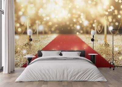 Red carpet with gold stanchions and sparkling bokeh lights. Luxury event concept for awards, gala, or celebration Wall mural