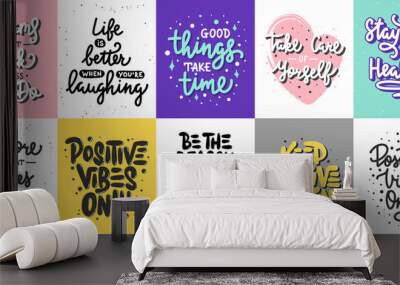 Set of 10 Motivational posters with hand drawn lettering design element for wall art, decoration, t-shirt prints.  Inspirational quote, handwritten typography positive summer slogan. Wall mural