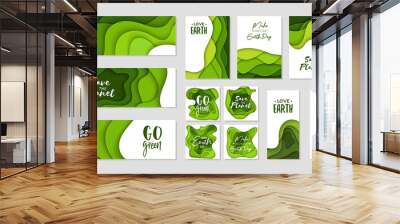 Set of 14 Earth Day abstract graphic organic paper cut shapes. Dynamical waves, fluid. Green banners with flowing lines. Template for banners, flyers or presentation eco typography. Wall mural