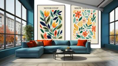 Set of 4 botanical wall art posters, brochure, flyer templates, contemporary collage. Organic shapes, line floral pattern with positive motivational, inspirational quotes. Wall mural