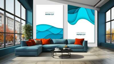 Vector vertical flyers with blue paper cut waves shapes. 3D abstract paper style, design layout for business presentations, flyers, posters, prints, decoration, cards, brochure cover, banners. Wall mural