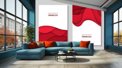 Vector vertical flyers with red paper cut waves shapes. 3D abstract paper style, design layout for business presentations, flyers, posters, prints, decoration, cards, brochure cover, banners. Wall mural