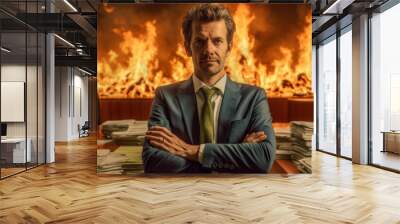 A businessman in front of a fire in an office. Corporate greed, financial collapse, destruction and excess. Mismanagement. A smug CEO. Golden handshake. Immoral. Corruption.	 Wall mural