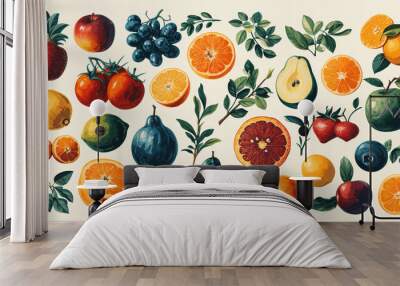 Assorted Fresh Fruits and Citrus Collection Illustration. Retro style illustration. Orange, blood orange, cherries, lemon, strawberry, grapes, Apples Wall mural