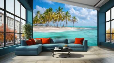 Portrait of Palm trees on sandy island in the ocean on summer. Wall mural