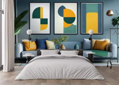 Set of three posters with geometric abstract art shapes in the living room. Wall mural