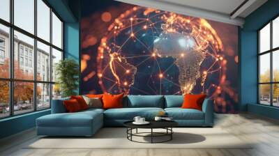 Virtual Connections on a High-Tech World Globe. generative AI image Wall mural