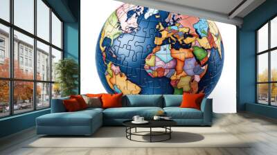 World global globe on white background in puzzle format with blue ocean sea and colorful countries  Wall mural