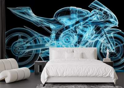 A line art 3D illustration displays a modern sport bike chassis digital x-ray Technology concept Wall mural