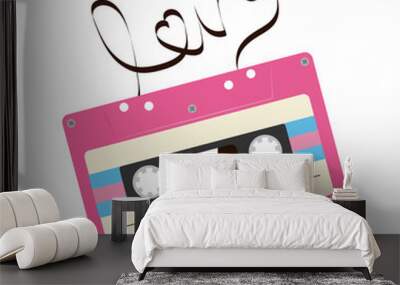 Pink music cassette. The inscription love made from analog magnetic audio tape. Favorite retro songs concept. Wall mural