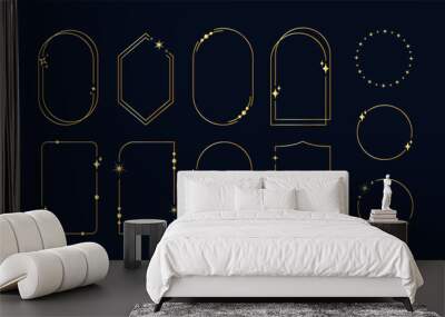 Y2K aesthetic gold linear geometric frames set. Modern minimalistic line elements. Wall mural