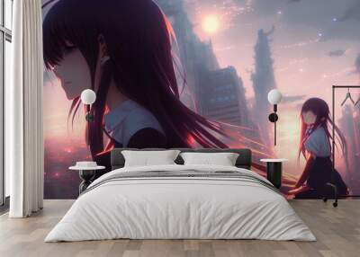 anime girl in cyberpunk city Wall mural