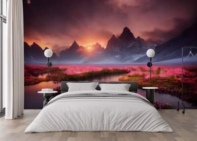 beautiful landscape of glacial mountains lakes, forests and flowers with rocks Wall mural