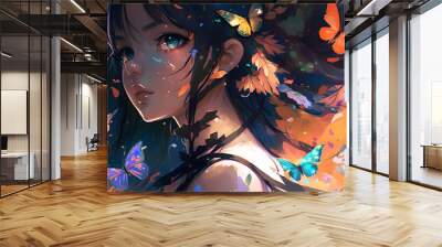 Colorful Butterfly Wings, An Anime Girl Illustration Wall mural