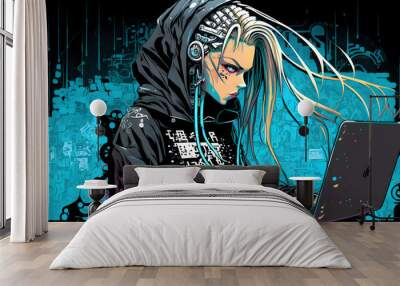 The cyberpunk hacker girl with her laptop Wall mural