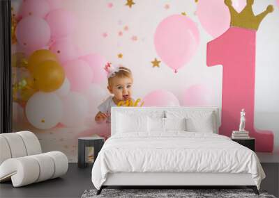 little girl with birthday cake Wall mural