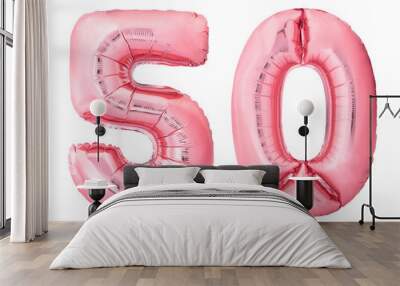 Number 50 fifty made of rose gold inflatable balloons isolated on white background. Pink helium balloons forming 50 fifty number. Discount and sale or birthday concept Wall mural