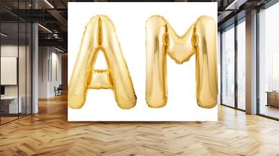 Word camp made of golden inflatable balloons isolated on white background. Helium balloons forming word camp Wall mural