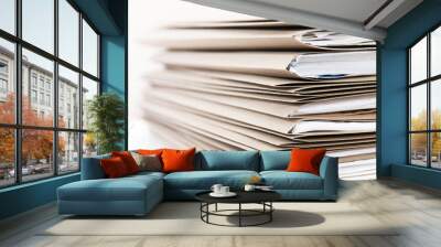 Extremely Close up Stack of Documents Folders on Office Desk Waiting to be Completed Wall mural