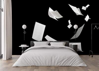 Many flying business documents isolated on black background Wall mural