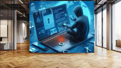 3d illustration Hacker and Cyber criminals phishing stealing private personal data, password, email and credit card. Online scam Generative AI Wall mural