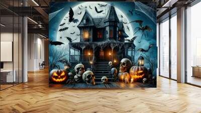 A gothic style haunted house with bats, spiders , skulls. Halloween theme background Wall mural