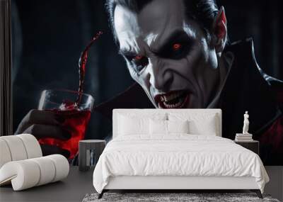 closeup demonic vampire drinking a scarlet liquid, in the night background  Wall mural