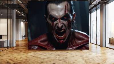 closeup demonic vampire whith a scarlet liquid in the face, in the night background  Wall mural