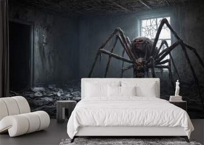 Dungeon giant spider zombie in abandoned house. Illustration in genre of horror. Scary monster character Wall mural