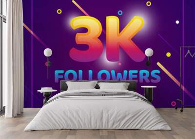 3k or 3000 followers thank you colorful background and glitters. Illustration for Social Network friends, followers, Web user Thank you celebrate of subscribers or followers and likes Wall mural