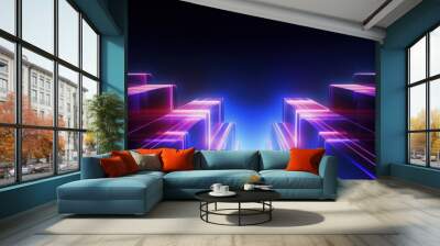 Colorful prisms emitting neon lights amidst darkness. Abstract symmetry futuristic background Wall mural