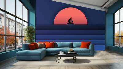 Illustraion of sea view and sunset in the evening with a mercusuar and the spotlight in the sea. Beautiful sunset seascape. paper cut and craft style. vector, illustration - Vector Wall mural