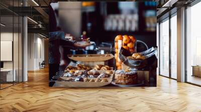 assortment of fresh pastry on table in buffet Wall mural