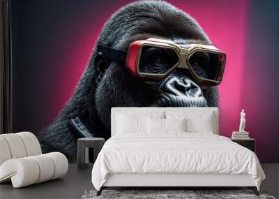 A gorilla wearing stylish glasses poses with a vibrant pink background, showcasing a unique blend of nature and modern fashion Wall mural