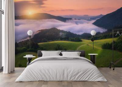 Aerial view of alpine meadows and mountains in low purple clouds at sunrise in summer. Top drone view of hills with green grass and trees in fog, colorful sky in Slovenia. Nature. Mountain valley Wall mural