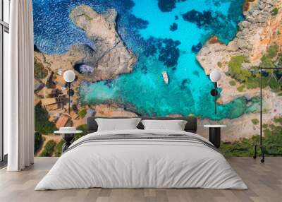 Aerial view of clear sea with blue water, sandy beach, rocks, green trees, yachts and boats in sunny morning in summer. Travel in Mallorca, Balearic islands, Spain. Top view. Colorful landscape Wall mural