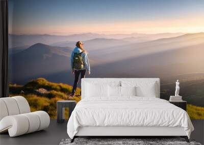 Beautiful mountains in fog and standing young woman with backpack on the peak at sunset in summer. Landscape with sporty girl, green grass, forest, hills , blue sky with sunbeams. Travel and tourism Wall mural