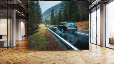 Blurred car in motion on the road in autumn forest in rain. Perfect asphalt mountain road in overcast rainy day. Roadway, pine trees in italian alps. Transportation. Highway in foggy woodland. Travel Wall mural