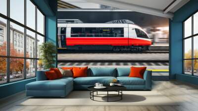 High speed train in motion inside modern train station in Vienna. Fast red intercity passenger train with motion blur effect. Railway platform. Railroad in Europe. Commercial transportation. Transport Wall mural