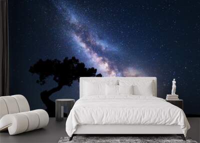 Milky Way with alone old tree on the hill. Colorful night landscape with milky way, sky with stars and hills in summer. Space background. Amazing astrophotography. Beautiful universe. Nature Wall mural