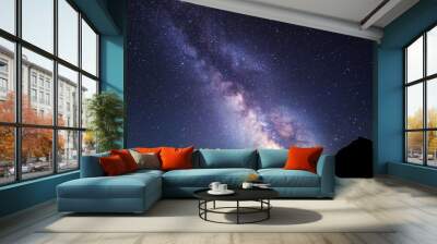 Milky Way. Night sky and silhouette of a standing man Wall mural