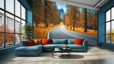 Road in orange forest in autumn. Dolomites, Italy. Beautiful mountain road, trees with lush foliage, grass, high rocks, sky with clouds in fall. Landscape with empty curvy road in the woods. Transport Wall mural