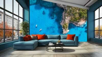 Top drone view of boats and yacths in transparent azure water at sunset. Aerial view of boats in clear blue sea, rocks, green forest. Travel in Sardinia, Italy. Tropical seascape. Nature. Sea bay Wall mural