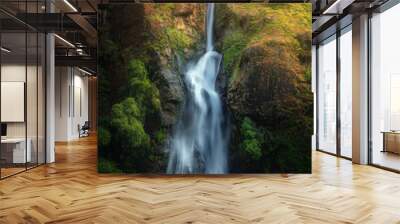 Waterfall in autumn forest at sunset in Nepal. Colorful natural landscape with waterfall with blurred water in mountains, green trees and grass on the rocks, yellow sunlight in fall. Beautiful nature Wall mural