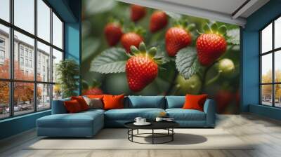 A background of ripe juicy strawberries among green leaves A sweet healthy snack. Wall mural