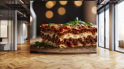 a piece of delicious lasagne on a wooden plate - food close-up. Wall mural